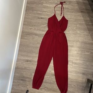 Lulu's Halter Tie Red Jumpsuit With Pockets Size Small